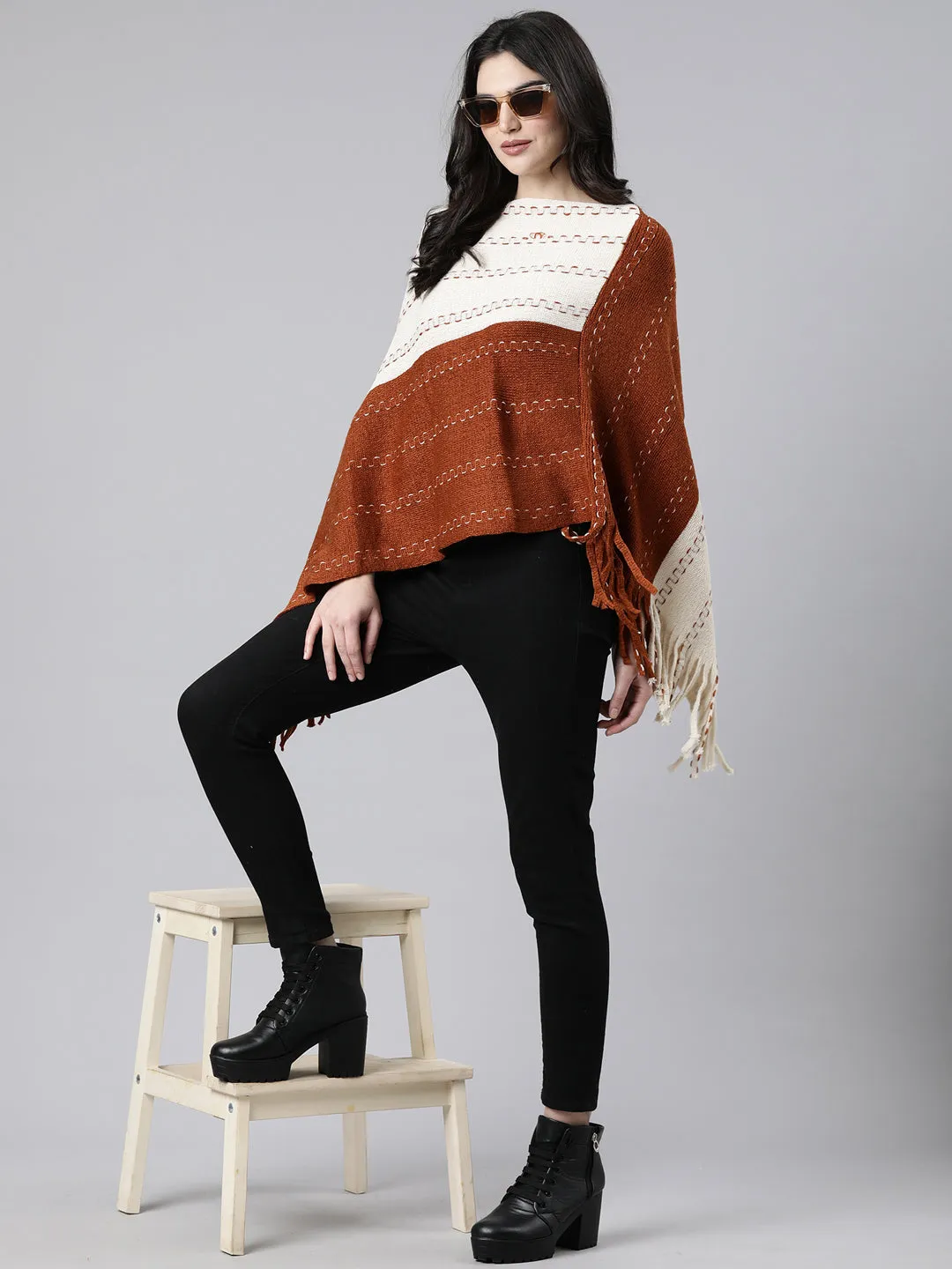 Women Colourblocked Rust Poncho