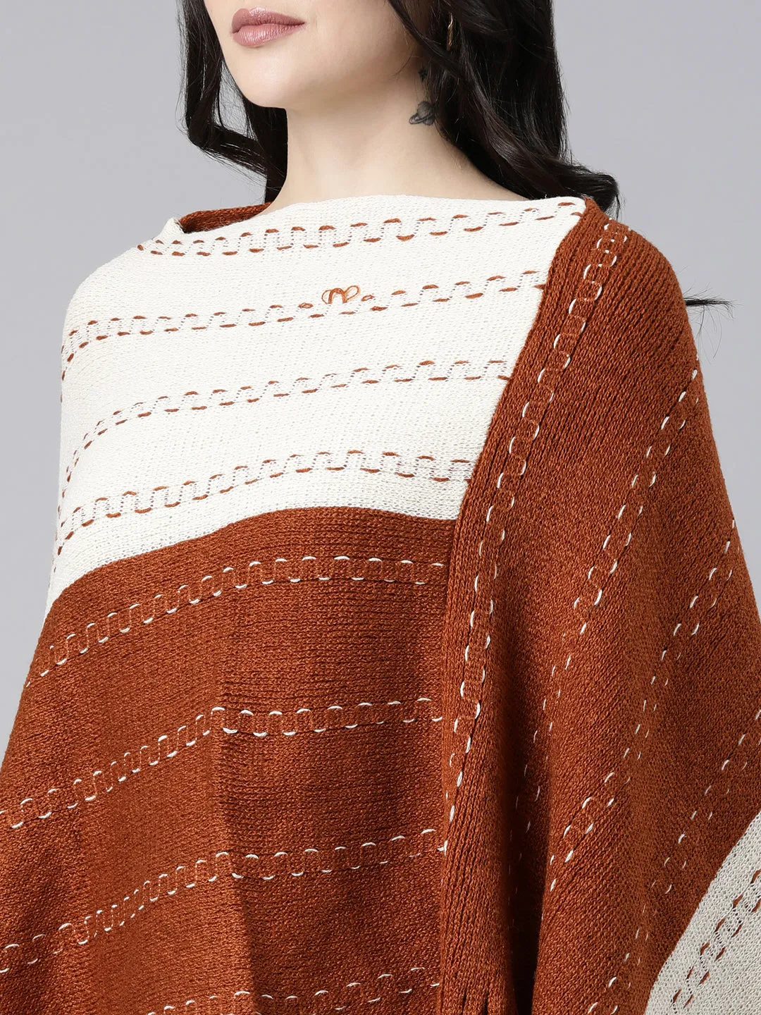 Women Colourblocked Rust Poncho