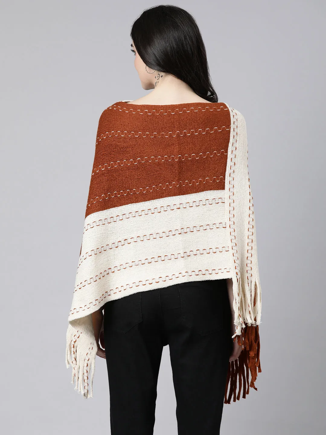 Women Colourblocked Rust Poncho