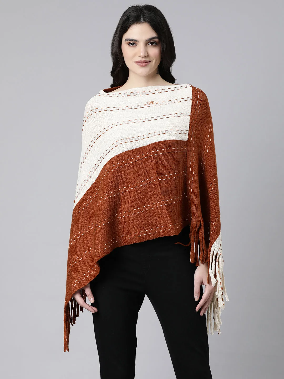 Women Colourblocked Rust Poncho