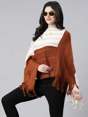 Women Colourblocked Rust Poncho