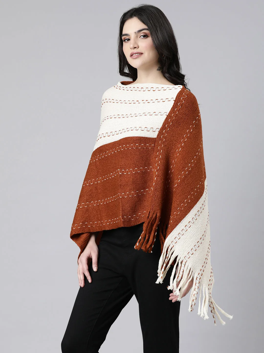 Women Colourblocked Rust Poncho