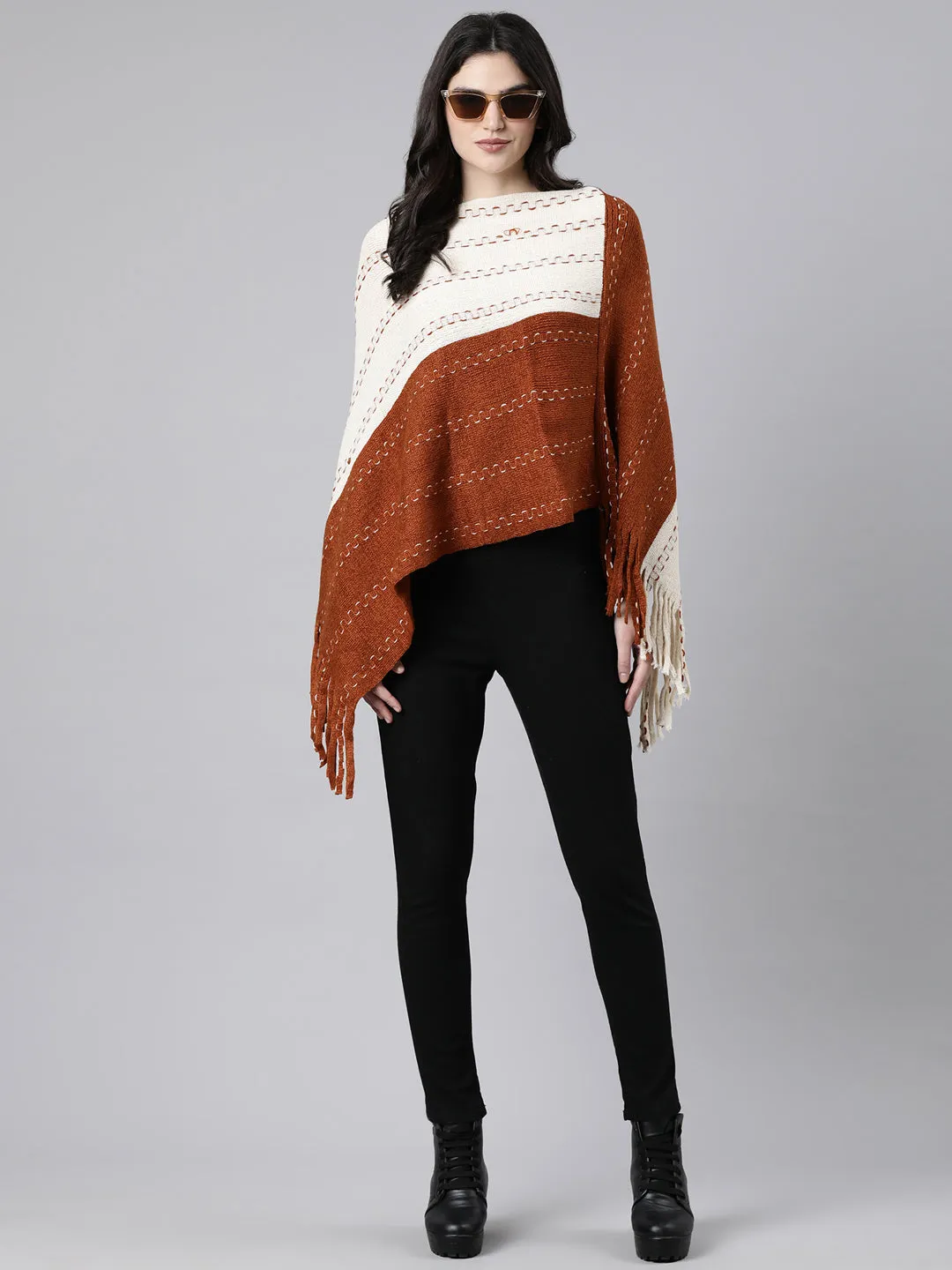 Women Colourblocked Rust Poncho
