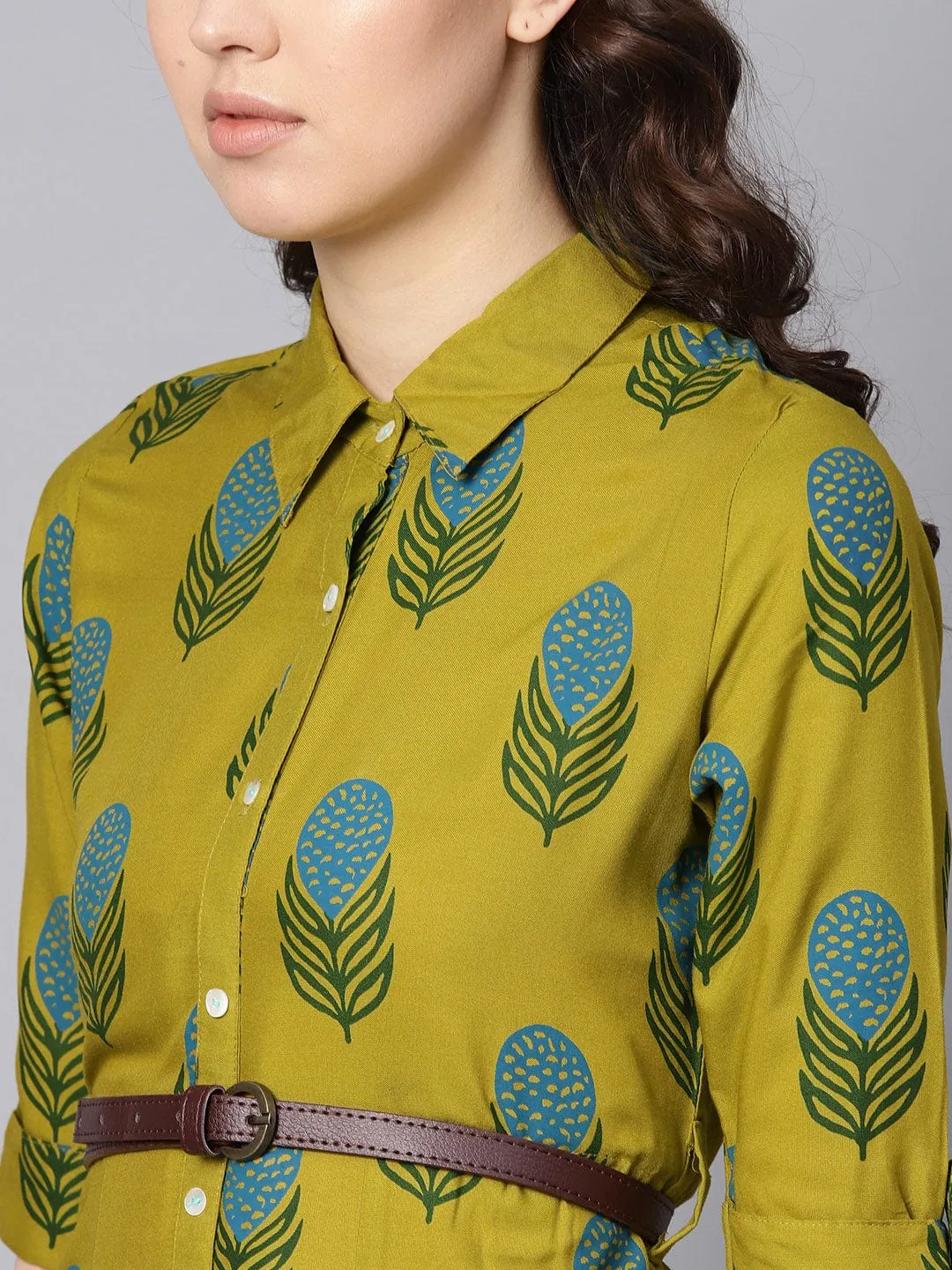 Women Lime Green & Blue Printed Shirt Dress
