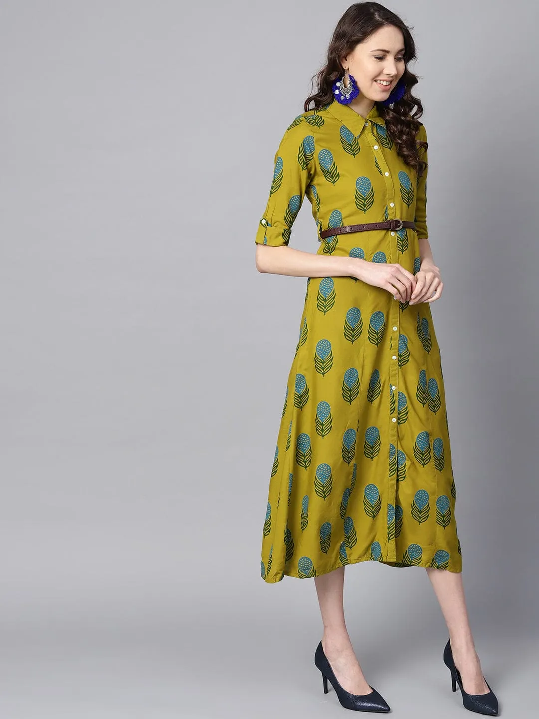 Women Lime Green & Blue Printed Shirt Dress