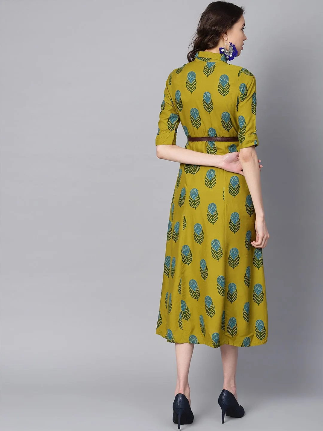 Women Lime Green & Blue Printed Shirt Dress