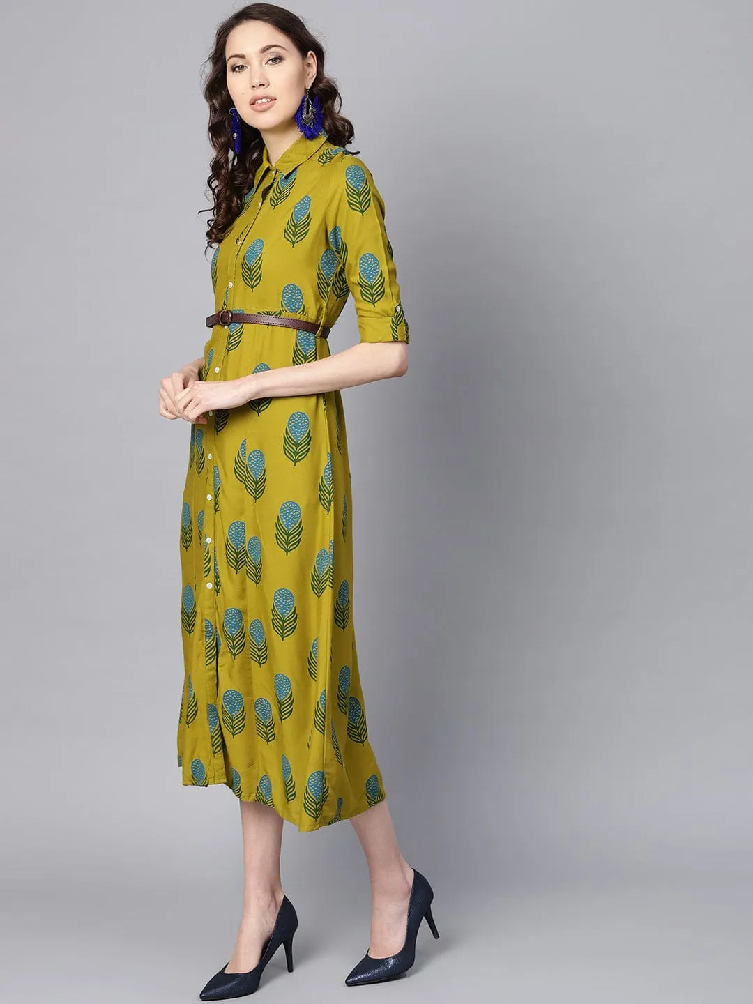 Women Lime Green & Blue Printed Shirt Dress