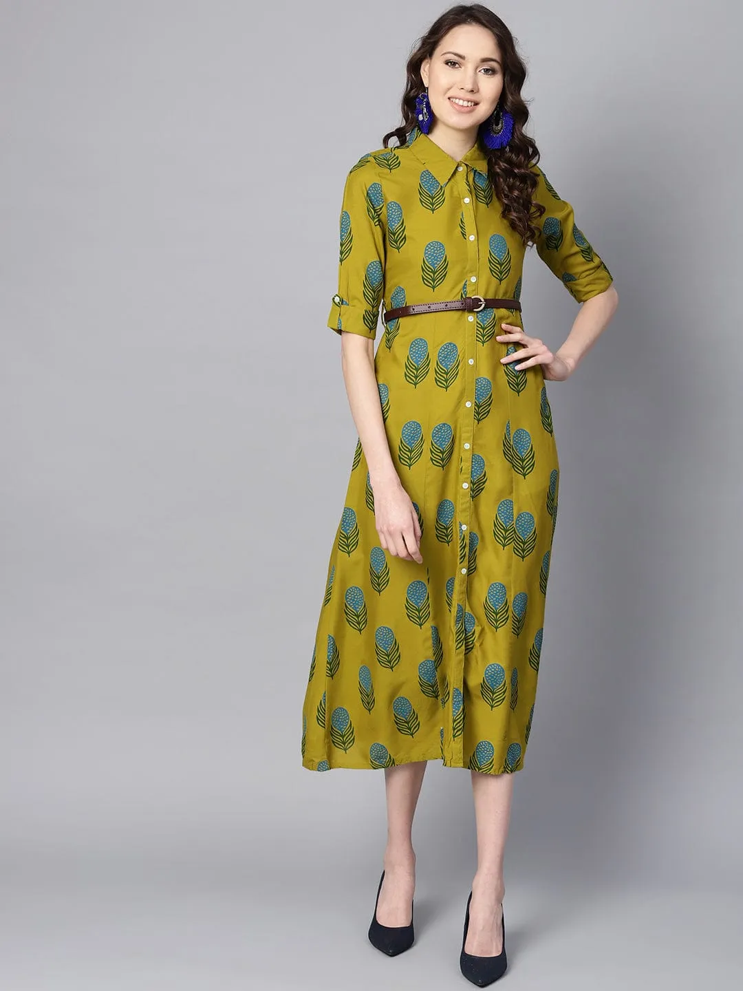 Women Lime Green & Blue Printed Shirt Dress