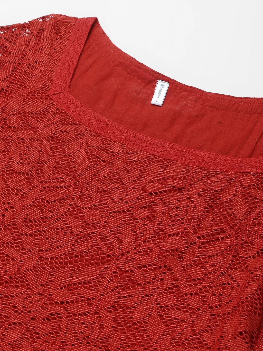 Women Red Lace Belted A-Line Dress