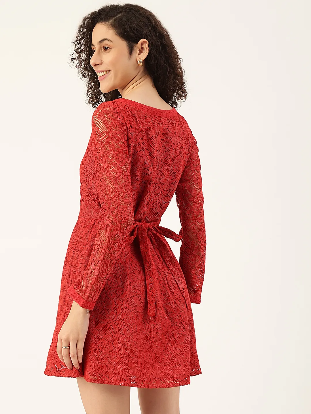 Women Red Lace Belted A-Line Dress