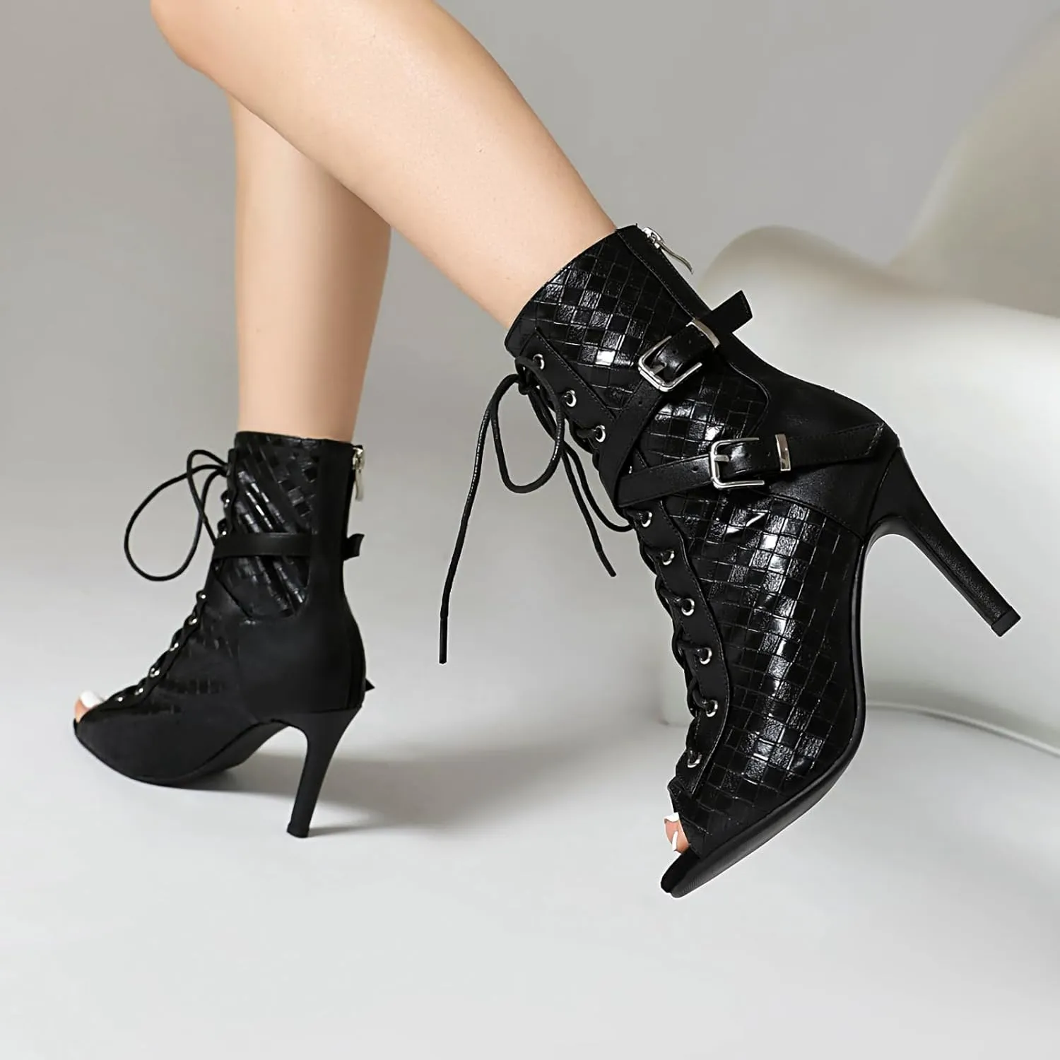 Women's Ankle Dance Boots Peep Toe Latin Salsa Ballroom Dance Shoes High Heeks