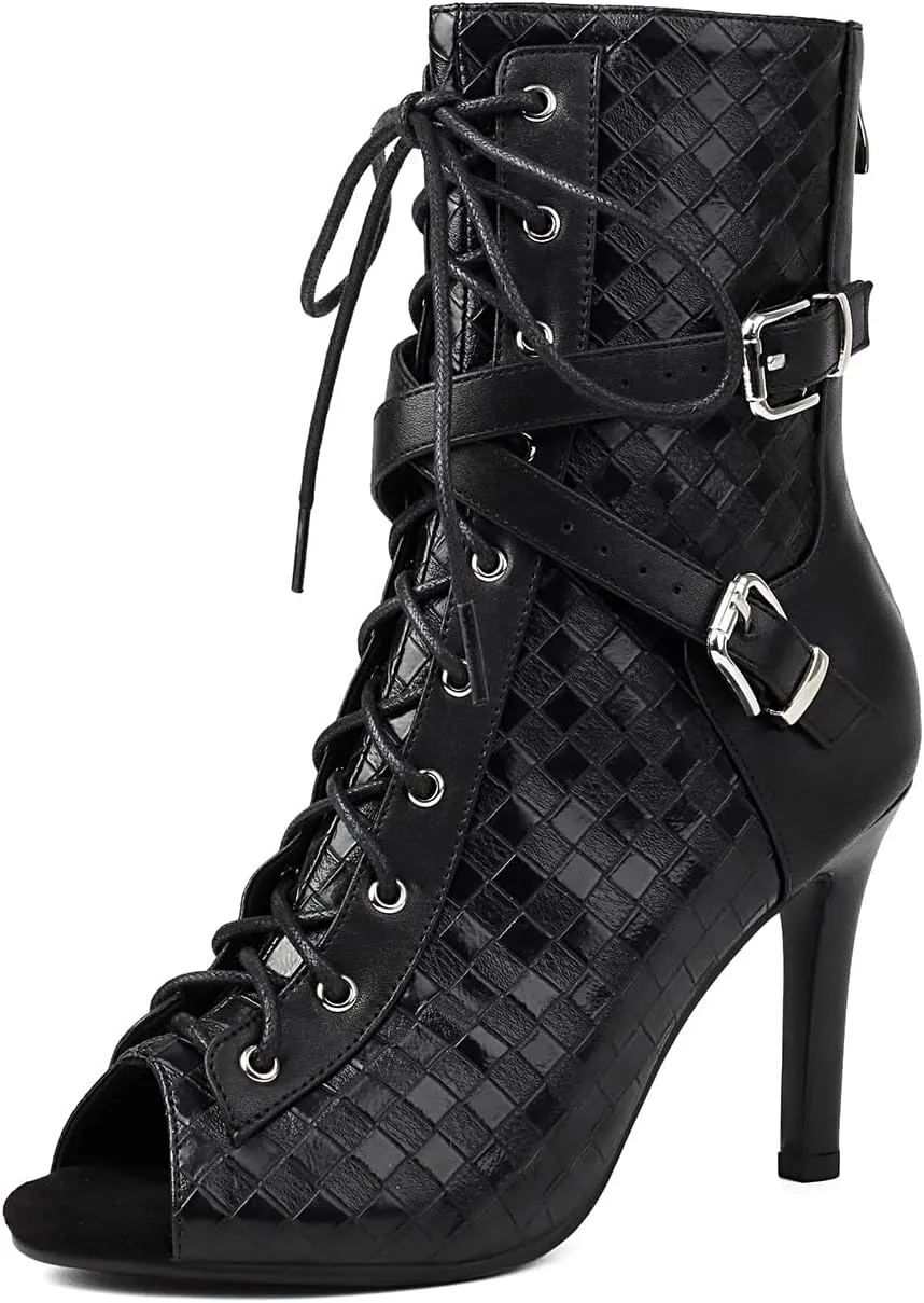 Women's Ankle Dance Boots Peep Toe Latin Salsa Ballroom Dance Shoes High Heeks