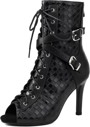 Women's Ankle Dance Boots Peep Toe Latin Salsa Ballroom Dance Shoes High Heeks