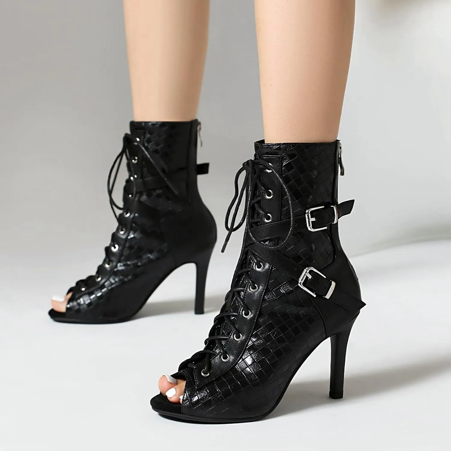 Women's Ankle Dance Boots Peep Toe Latin Salsa Ballroom Dance Shoes High Heeks