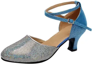 Women's Ballroom Tango Latin Dancing Shoes Sequins Shoes Social Dance Shoe Funky Heels Women (Blue, 6.5)