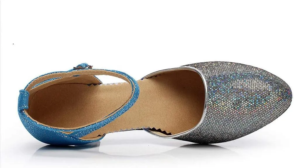 Women's Ballroom Tango Latin Dancing Shoes Sequins Shoes Social Dance Shoe Funky Heels Women (Blue, 7)
