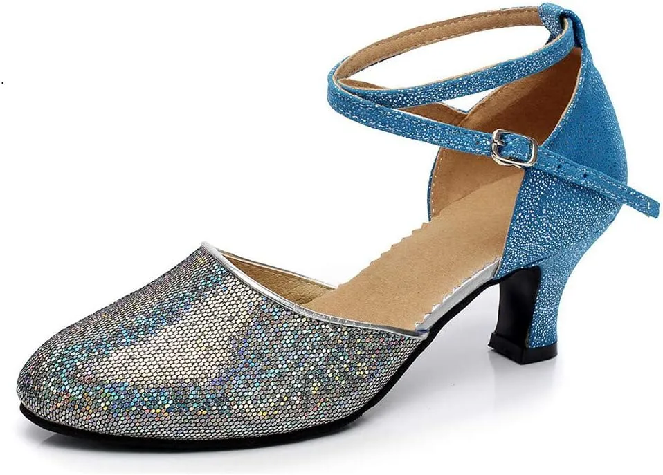 Women's Ballroom Tango Latin Dancing Shoes Sequins Shoes Social Dance Shoe Funky Heels Women (Blue, 7)
