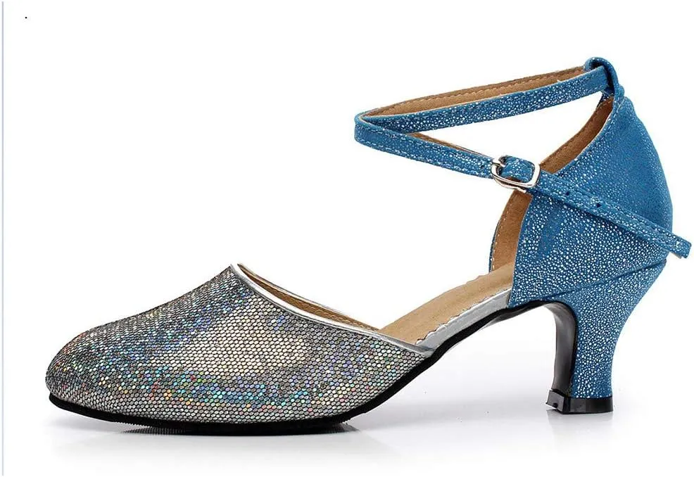 Women's Ballroom Tango Latin Dancing Shoes Sequins Shoes Social Dance Shoe Funky Heels Women (Blue, 7)