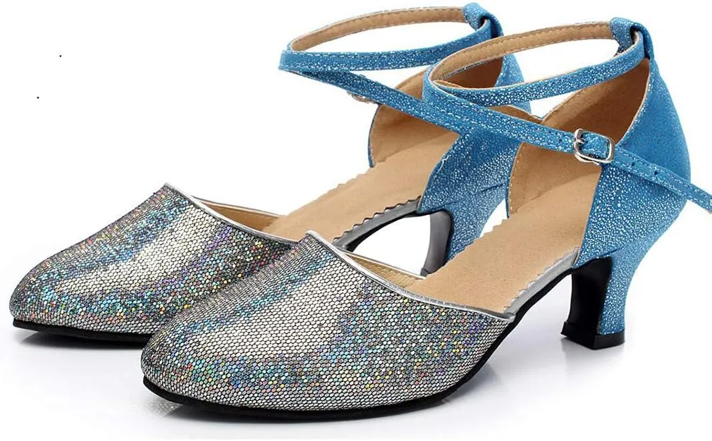 Women's Ballroom Tango Latin Dancing Shoes Sequins Shoes Social Dance Shoe Funky Heels Women (Blue, 7)