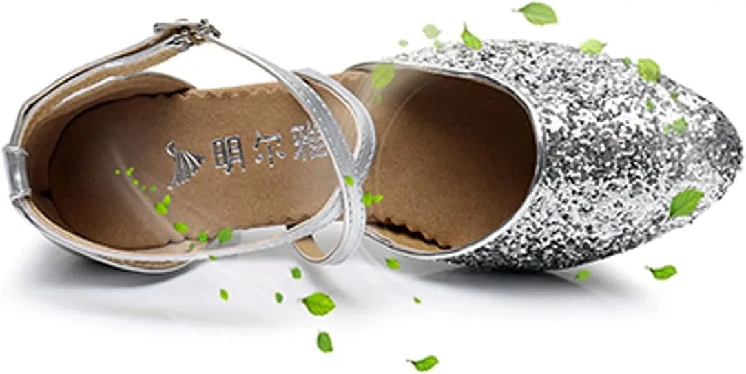 Womes Latin Sequins Dance Shoes, Women's Indoor Salsa Dancing Heels, Girls Wedding Ballroom Dancing Shoe, Rubber Sole (Color : Silver 3.5cm, Size : 8)